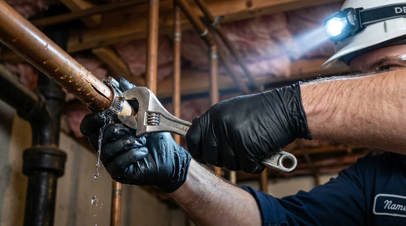 Emergency pipe clamp repair being performed by a Johns Plumbing LLC plumber in Savoy