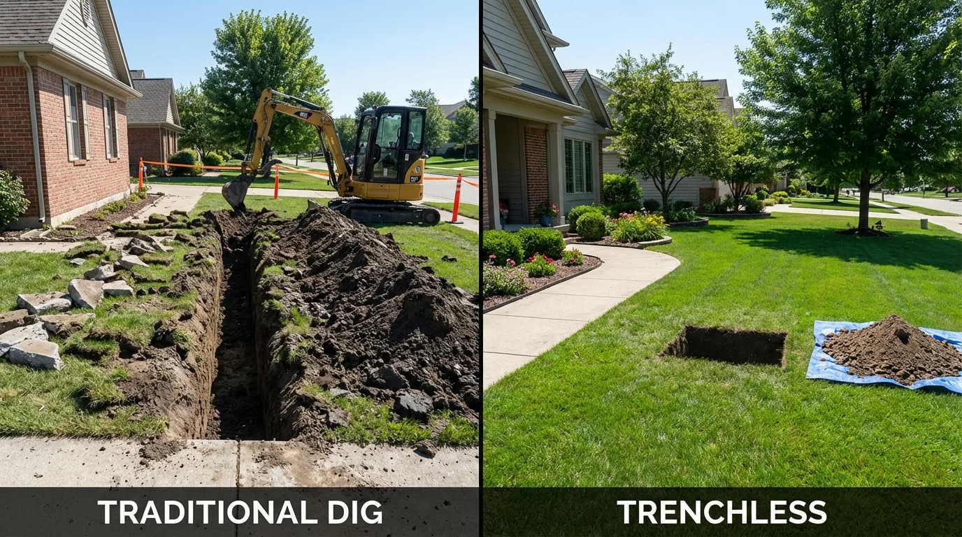 Trenchless sewer repair with minimal yard damage versus traditional excavation in Savoy, IL