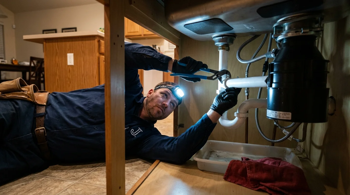 P-trap and supply line connections under a kitchen sink showing a common leak point in Savoy, IL